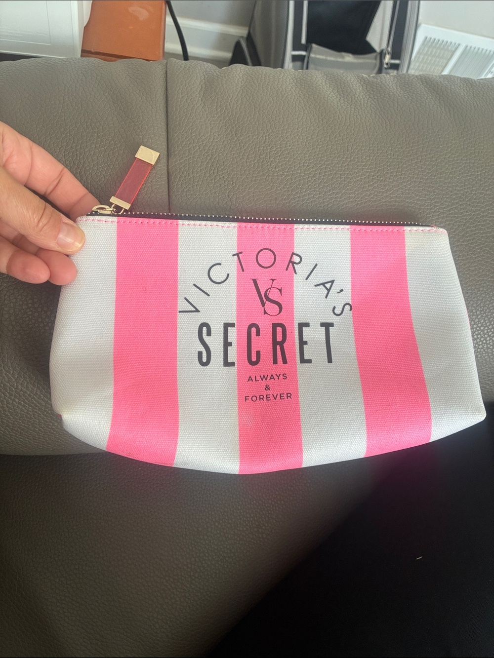 Victoria's Secret Neon Pink and White Signature Stripe Cosmetic Makeup Bag Pouch